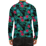 Turquoise Hawaiian Palm Leaves Print Men's Long Sleeve Rash Guard