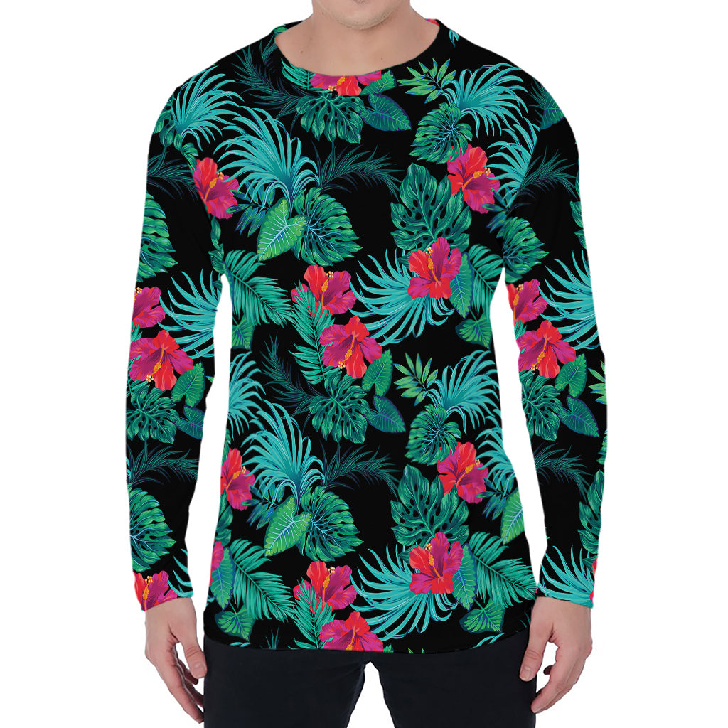 Turquoise Hawaiian Palm Leaves Print Men's Long Sleeve T-Shirt