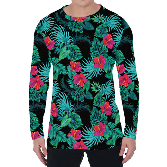 Turquoise Hawaiian Palm Leaves Print Men's Long Sleeve T-Shirt