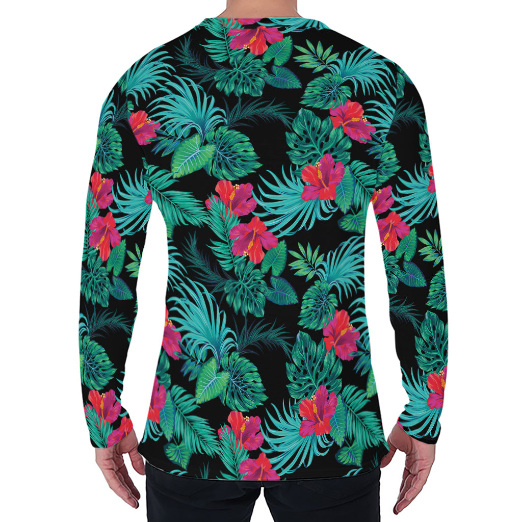 Turquoise Hawaiian Palm Leaves Print Men's Long Sleeve T-Shirt