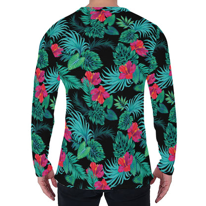 Turquoise Hawaiian Palm Leaves Print Men's Long Sleeve T-Shirt