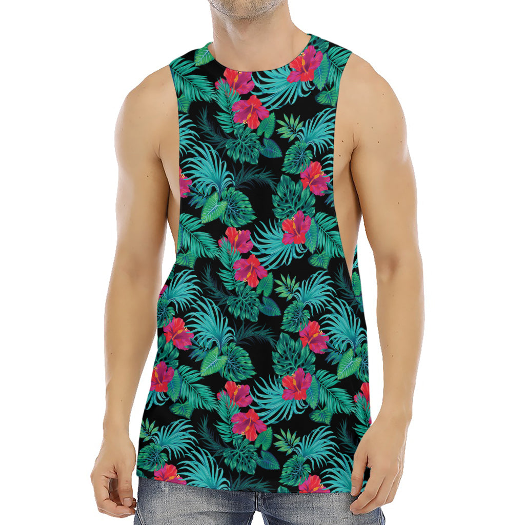 Turquoise Hawaiian Palm Leaves Print Men's Muscle Tank Top