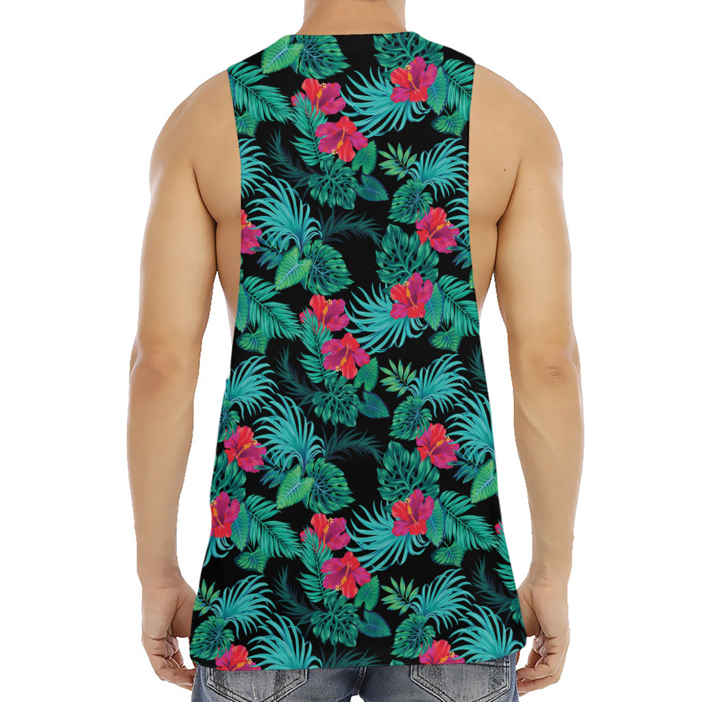 Turquoise Hawaiian Palm Leaves Print Men's Muscle Tank Top