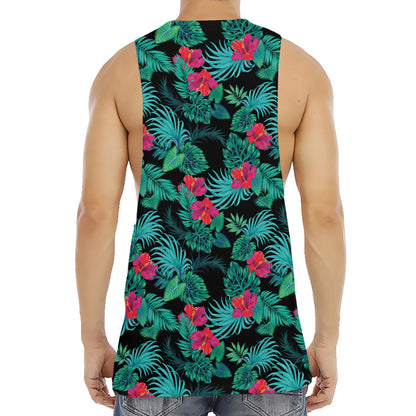 Turquoise Hawaiian Palm Leaves Print Men's Muscle Tank Top