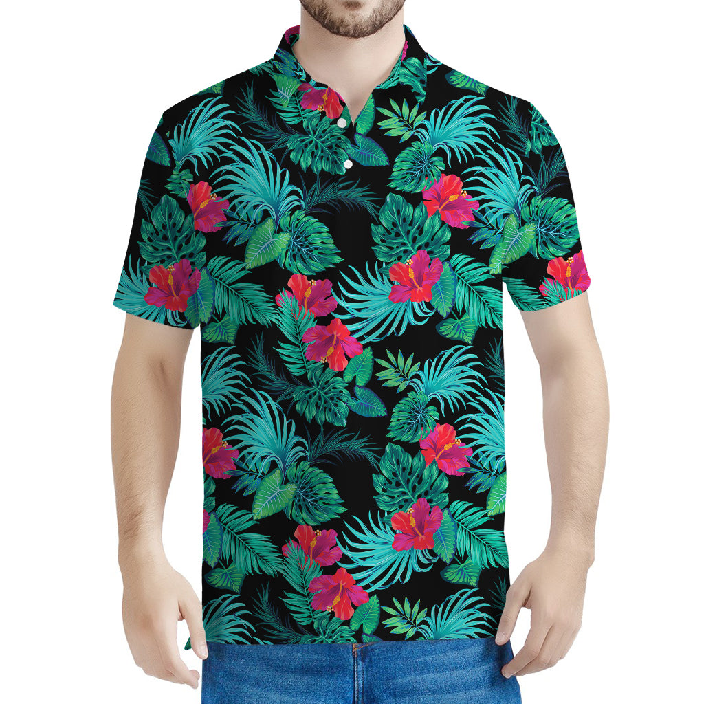 Turquoise Hawaiian Palm Leaves Print Men's Polo Shirt