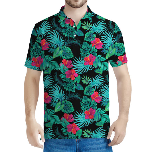 Turquoise Hawaiian Palm Leaves Print Men's Polo Shirt