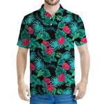 Turquoise Hawaiian Palm Leaves Print Men's Polo Shirt