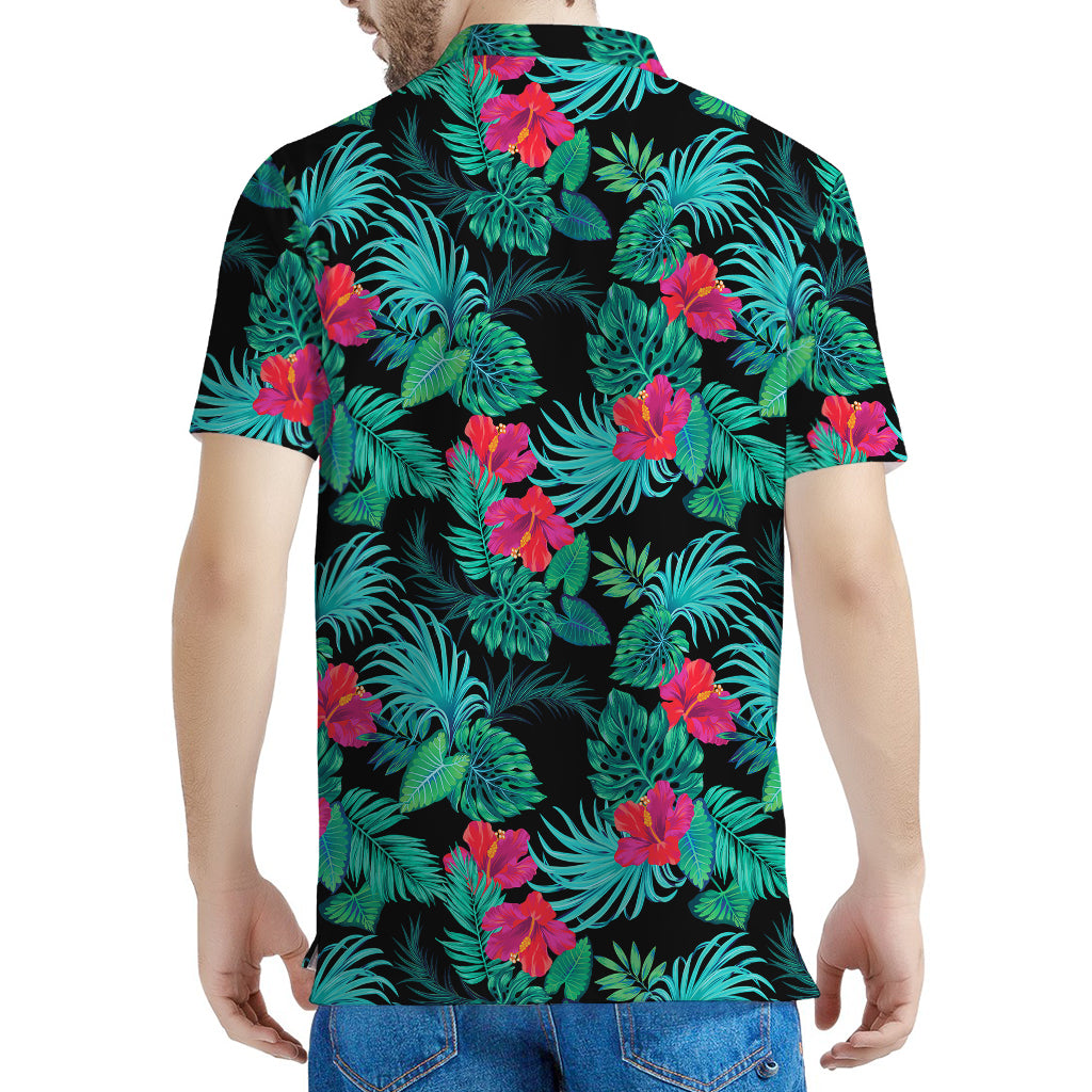 Turquoise Hawaiian Palm Leaves Print Men's Polo Shirt