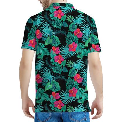 Turquoise Hawaiian Palm Leaves Print Men's Polo Shirt