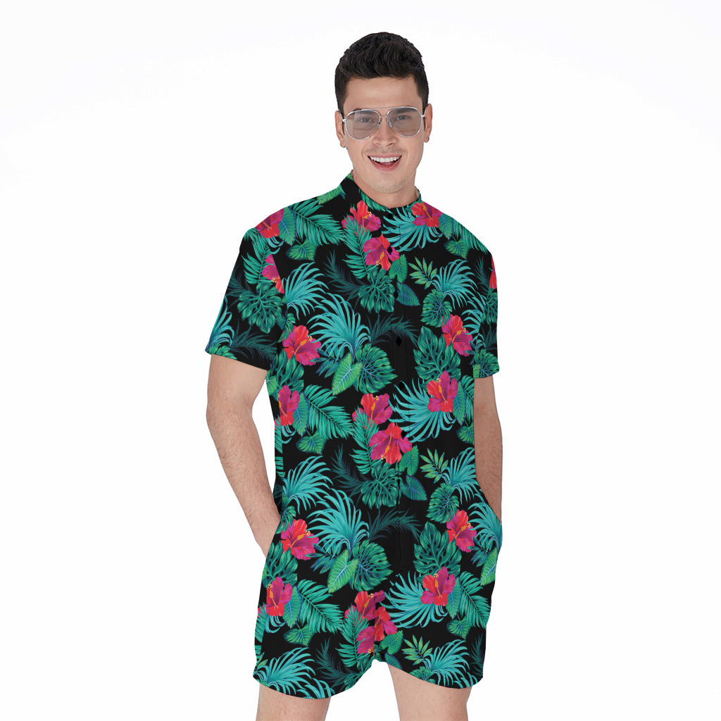 Turquoise Hawaiian Palm Leaves Print Men's Rompers