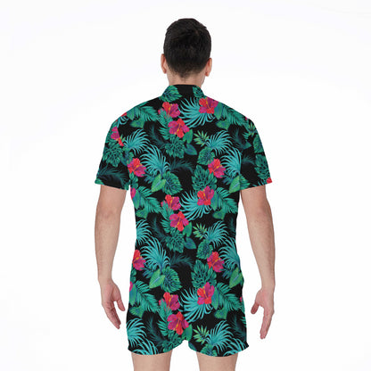 Turquoise Hawaiian Palm Leaves Print Men's Rompers