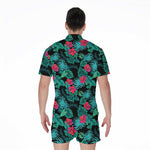 Turquoise Hawaiian Palm Leaves Print Men's Rompers