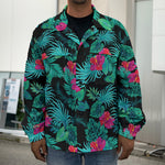 Turquoise Hawaiian Palm Leaves Print Men's Shirt Jacket