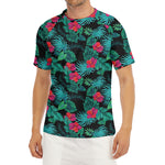 Turquoise Hawaiian Palm Leaves Print Men's Short Sleeve Rash Guard