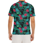 Turquoise Hawaiian Palm Leaves Print Men's Short Sleeve Rash Guard