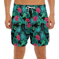 Turquoise Hawaiian Palm Leaves Print Men's Split Running Shorts