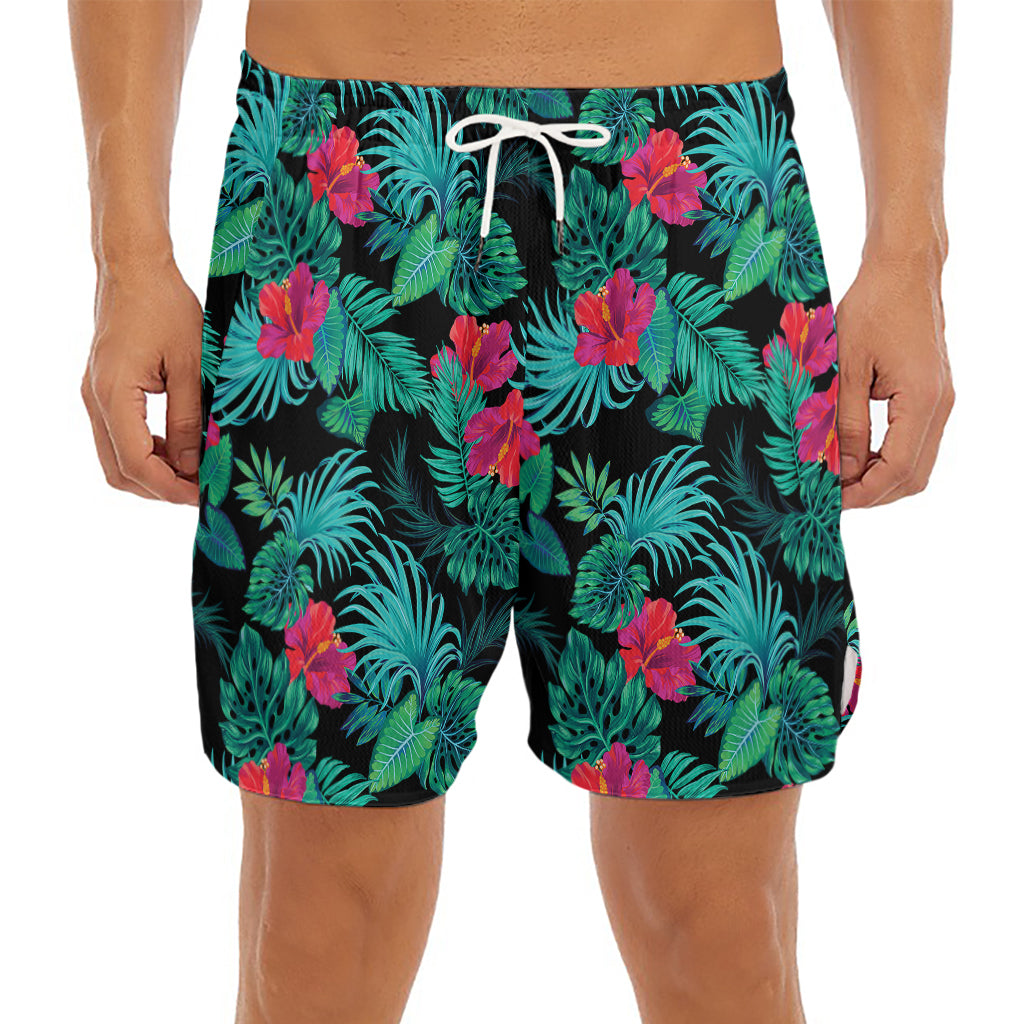 Turquoise Hawaiian Palm Leaves Print Men's Split Running Shorts