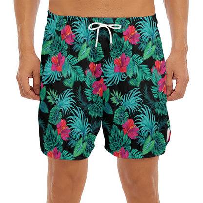 Turquoise Hawaiian Palm Leaves Print Men's Split Running Shorts