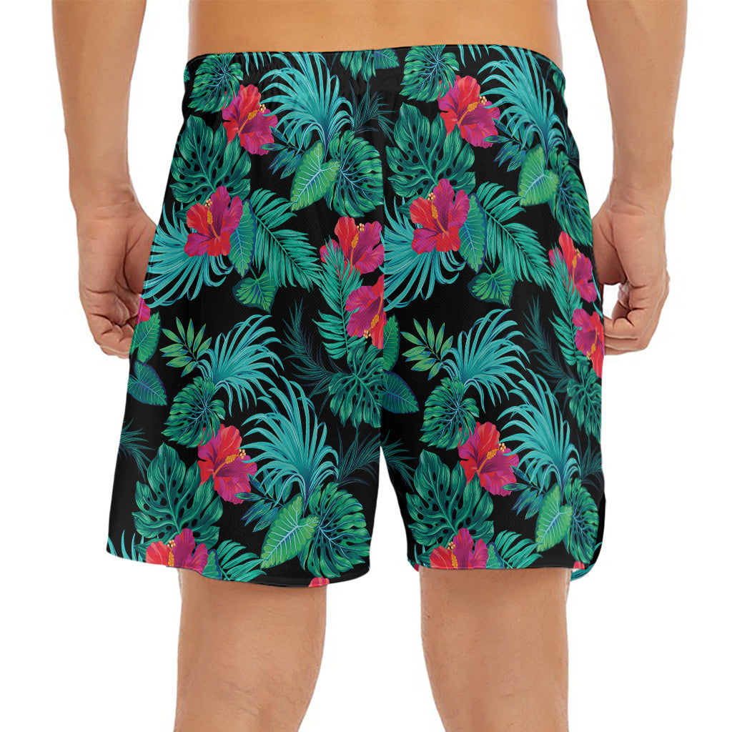 Turquoise Hawaiian Palm Leaves Print Men's Split Running Shorts
