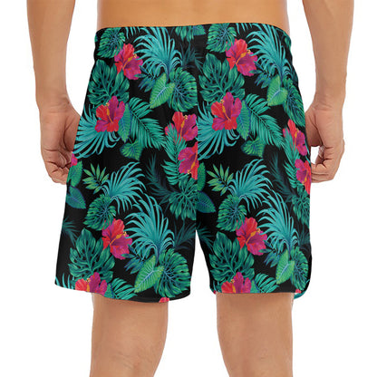 Turquoise Hawaiian Palm Leaves Print Men's Split Running Shorts