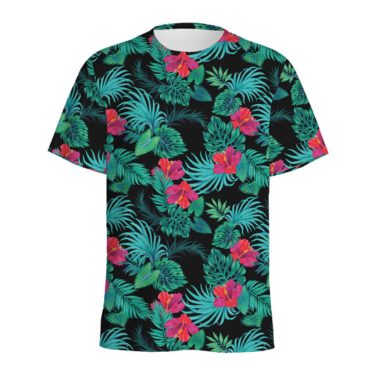 Turquoise Hawaiian Palm Leaves Print Men's Sports T-Shirt