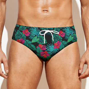 Turquoise Hawaiian Palm Leaves Print Men's Swim Briefs