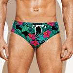 Turquoise Hawaiian Palm Leaves Print Men's Swim Briefs