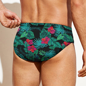 Turquoise Hawaiian Palm Leaves Print Men's Swim Briefs