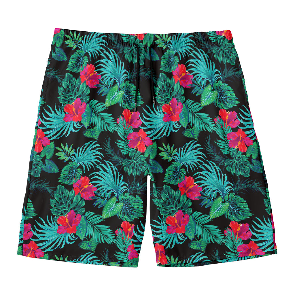 Turquoise Hawaiian Palm Leaves Print Men's Swim Trunks