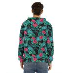 Turquoise Hawaiian Palm Leaves Print Men's Velvet Pullover Hoodie