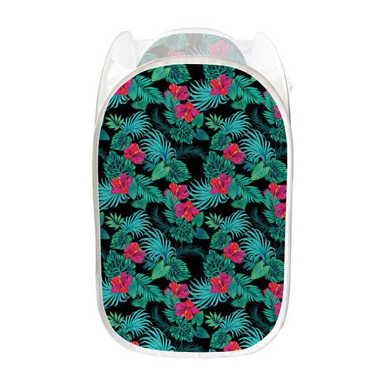 Turquoise Hawaiian Palm Leaves Print Mesh Laundry Hamper