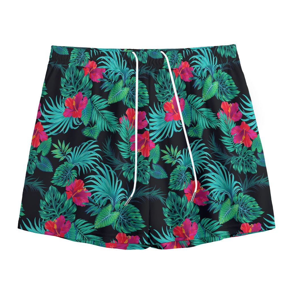 Turquoise Hawaiian Palm Leaves Print Mesh Shorts