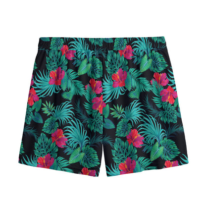 Turquoise Hawaiian Palm Leaves Print Mesh Shorts