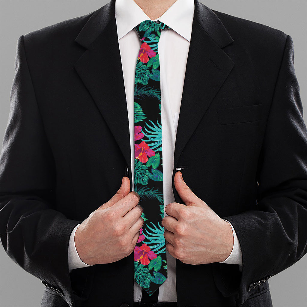 Turquoise Hawaiian Palm Leaves Print Necktie