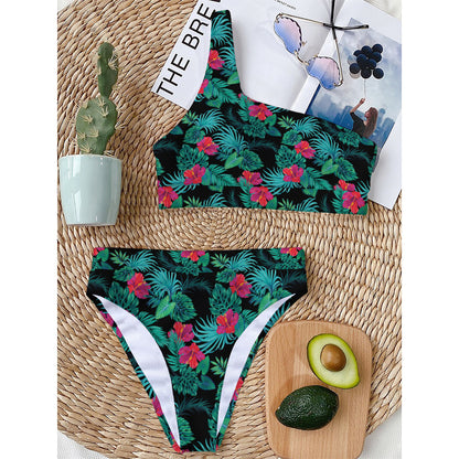 Turquoise Hawaiian Palm Leaves Print One Shoulder Bikini Top