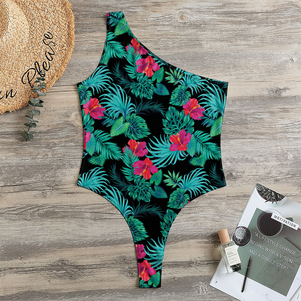 Turquoise Hawaiian Palm Leaves Print One Shoulder Bodysuit