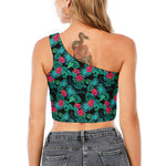 Turquoise Hawaiian Palm Leaves Print One Shoulder Crop Top