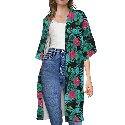 Turquoise Hawaiian Palm Leaves Print Open Front Beach Cover Up