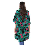 Turquoise Hawaiian Palm Leaves Print Open Front Beach Cover Up