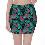 Turquoise Hawaiian Palm Leaves Print Pencil Mini Skirt
