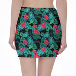 Turquoise Hawaiian Palm Leaves Print Pencil Mini Skirt