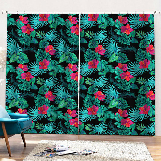 Turquoise Hawaiian Palm Leaves Print Pencil Pleat Curtains