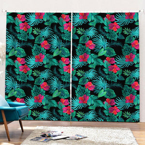 Turquoise Hawaiian Palm Leaves Print Pencil Pleat Curtains