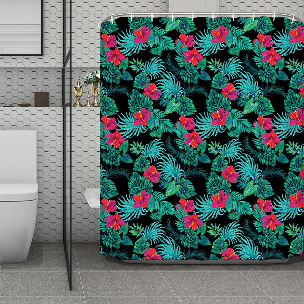Turquoise Hawaiian Palm Leaves Print Polyester Shower Curtain