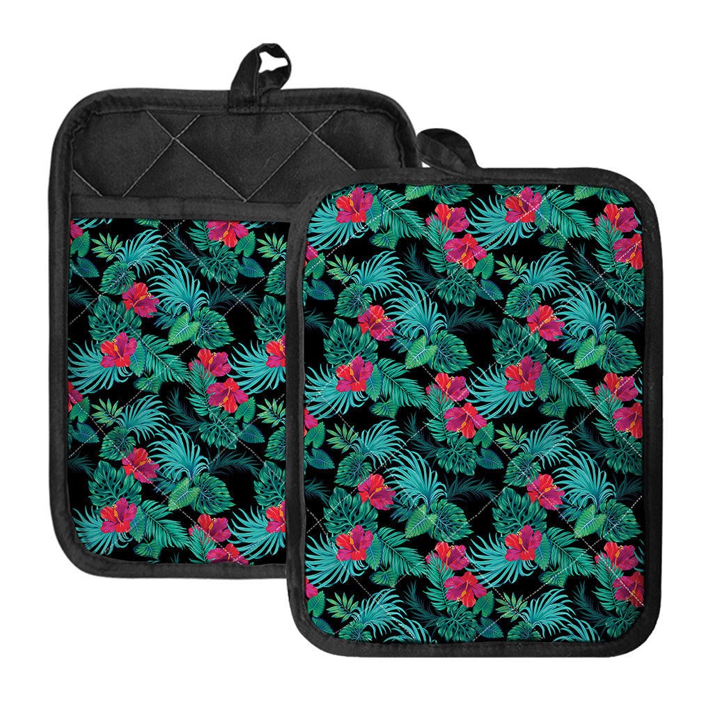 Turquoise Hawaiian Palm Leaves Print Pot Holders With Pocket