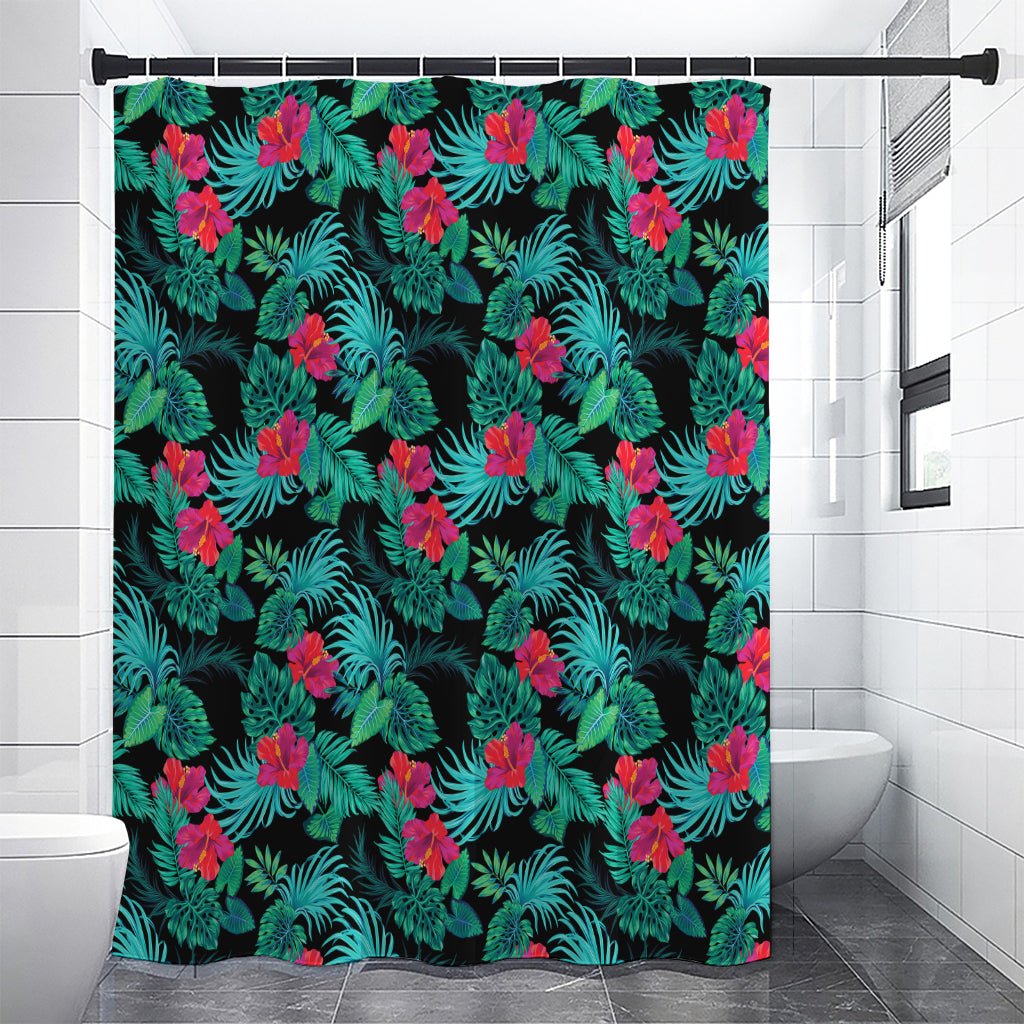 Turquoise Hawaiian Palm Leaves Print Premium Shower Curtain