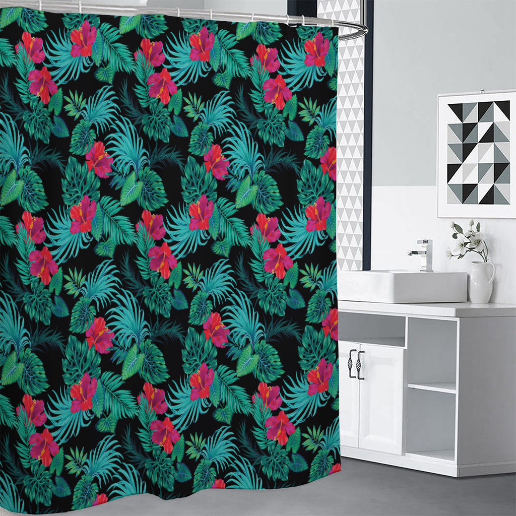 Turquoise Hawaiian Palm Leaves Print Premium Shower Curtain