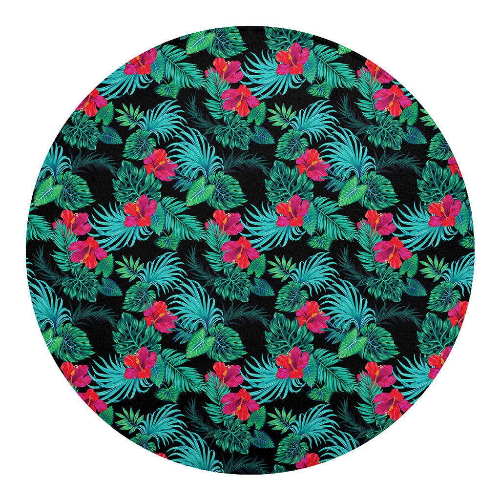 Turquoise Hawaiian Palm Leaves Print Round Blanket