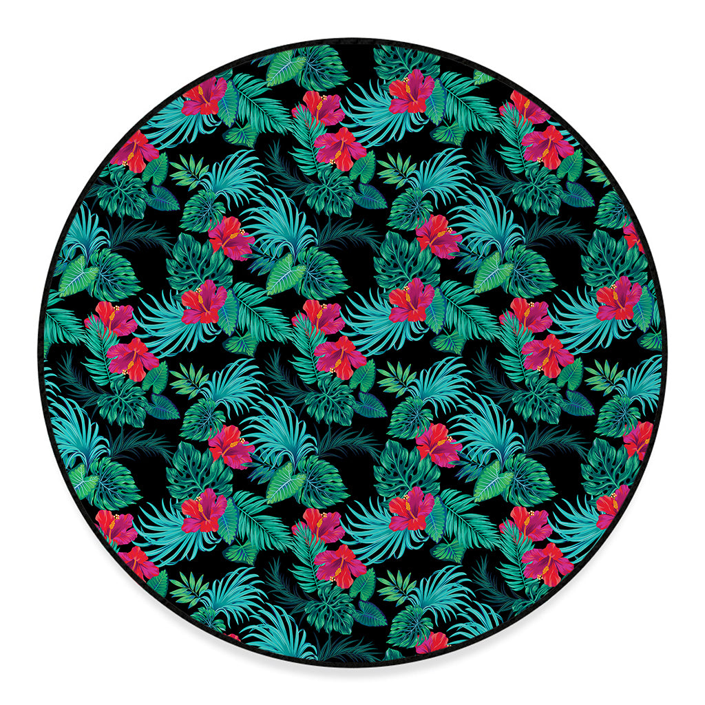Turquoise Hawaiian Palm Leaves Print Round Floor Mat