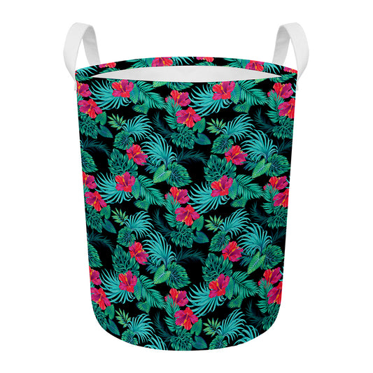 Turquoise Hawaiian Palm Leaves Print Round Laundry Basket